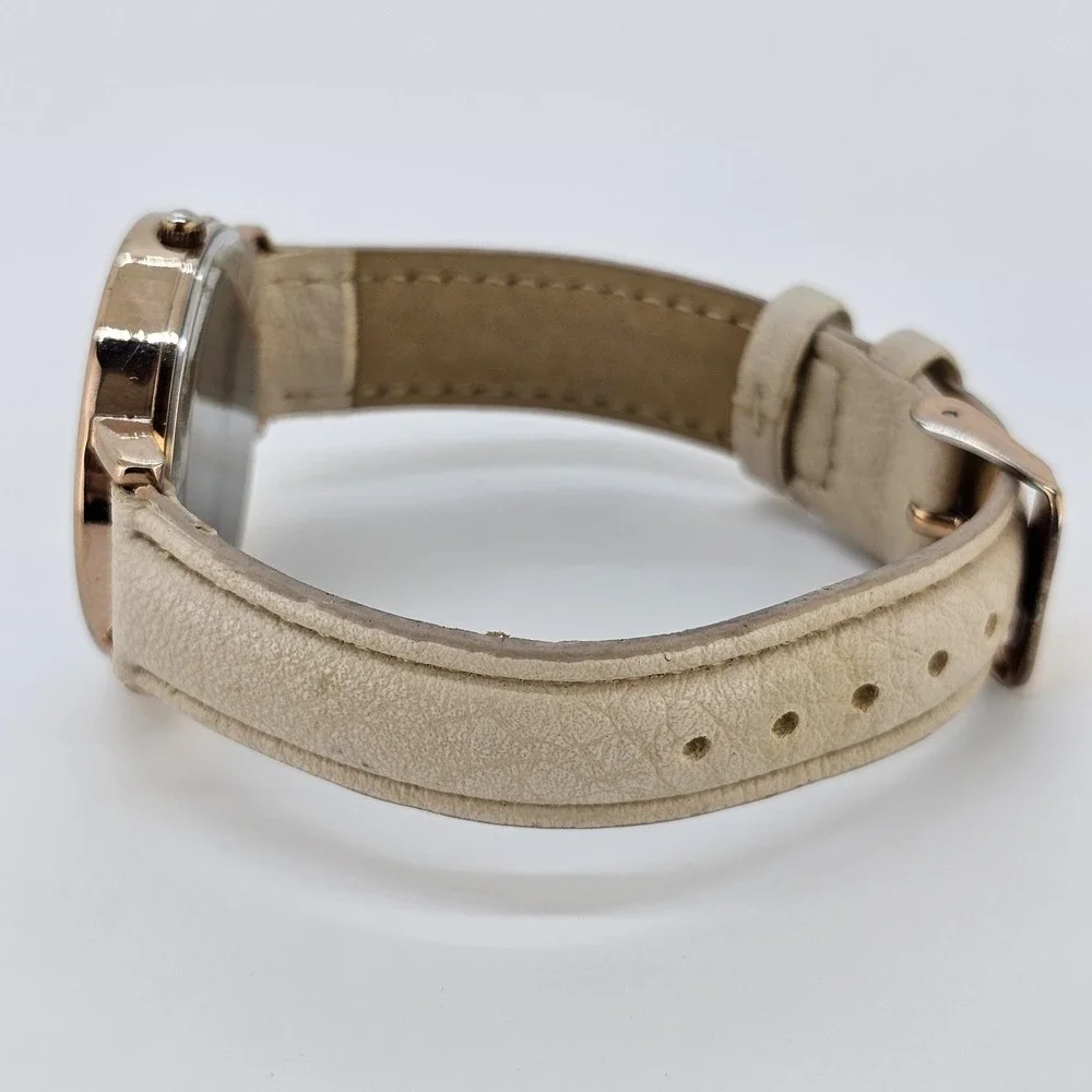 Women's Analog Watch 36MM White Dial Cream Faux Leather Bands NEW Battery